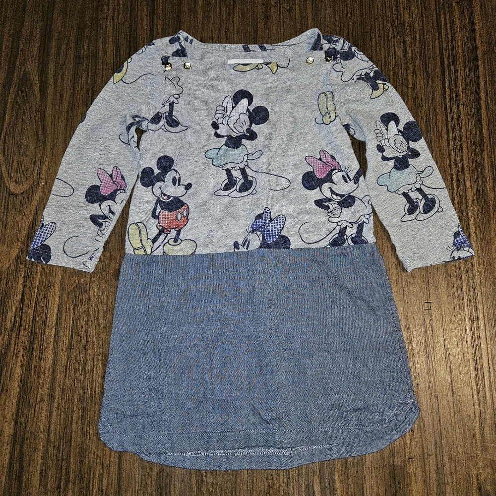 Disney Baby Gap Mickey Minnie Dress 4 Cotton Long Sleeve Gray Denim